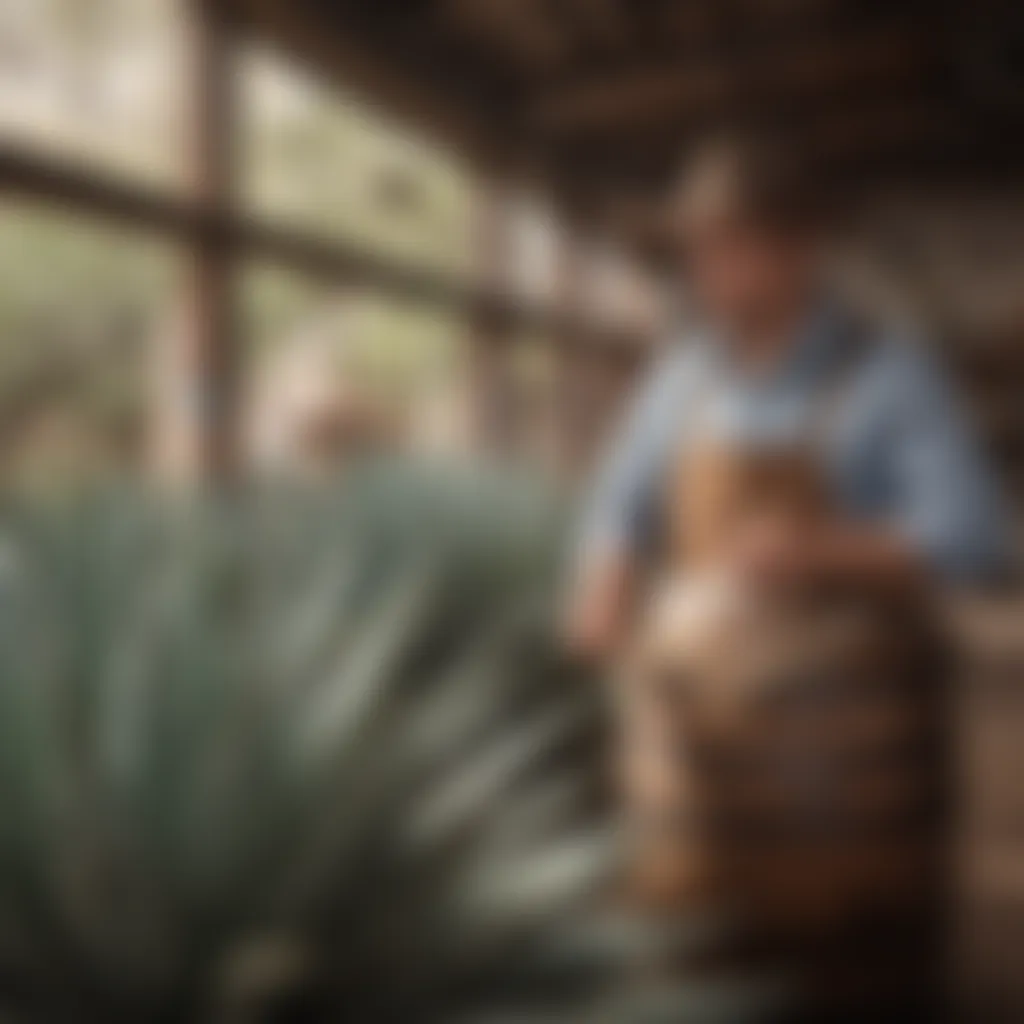 Artisan distillery showcasing agave plants and traditional stills