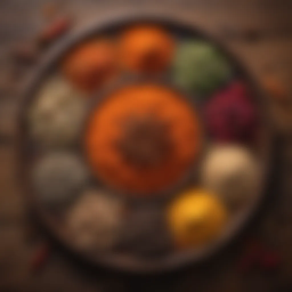 A vibrant assortment of spices showcased on a rustic wooden table