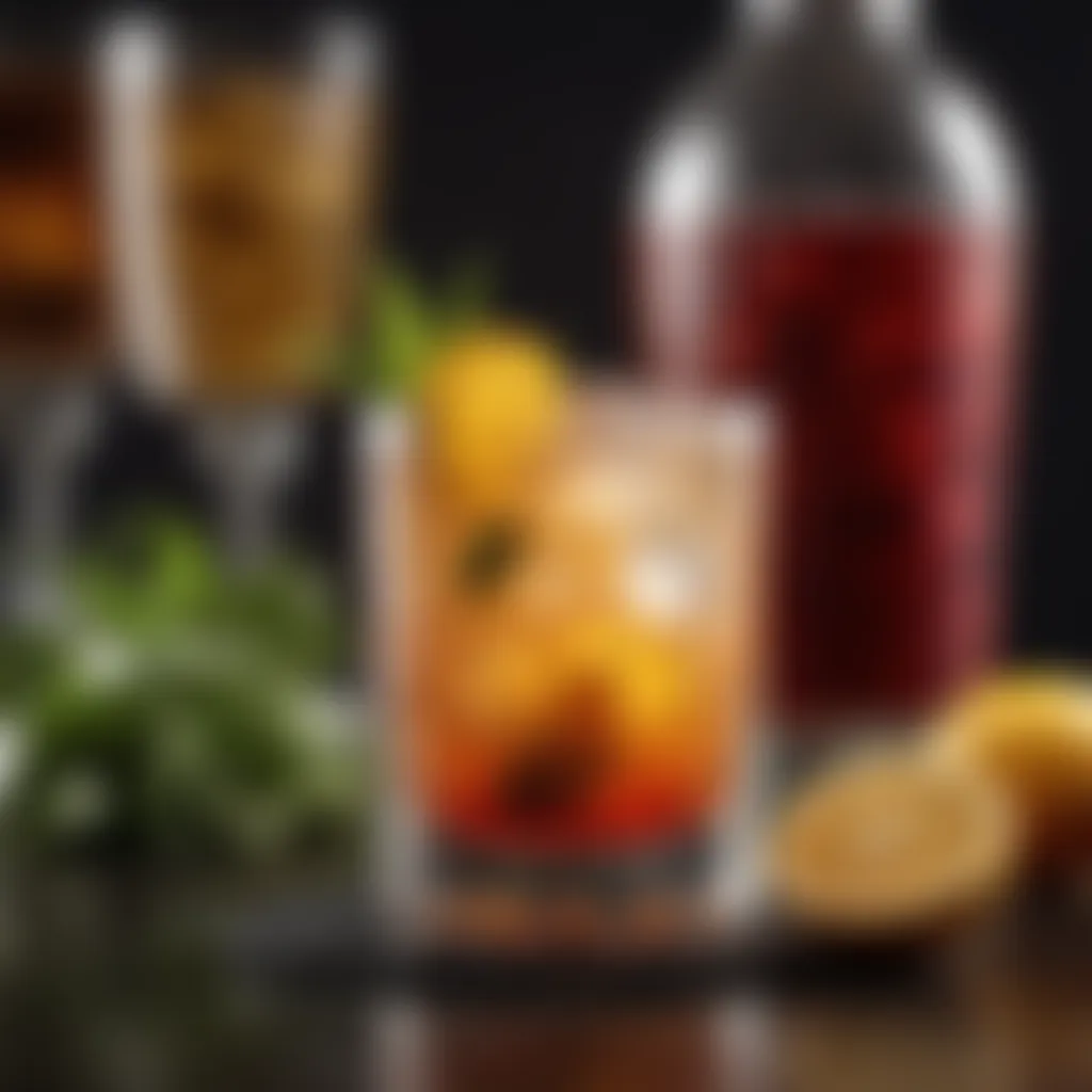 Close-up of a cocktail glass filled with a colorful rum drink and decorative elements