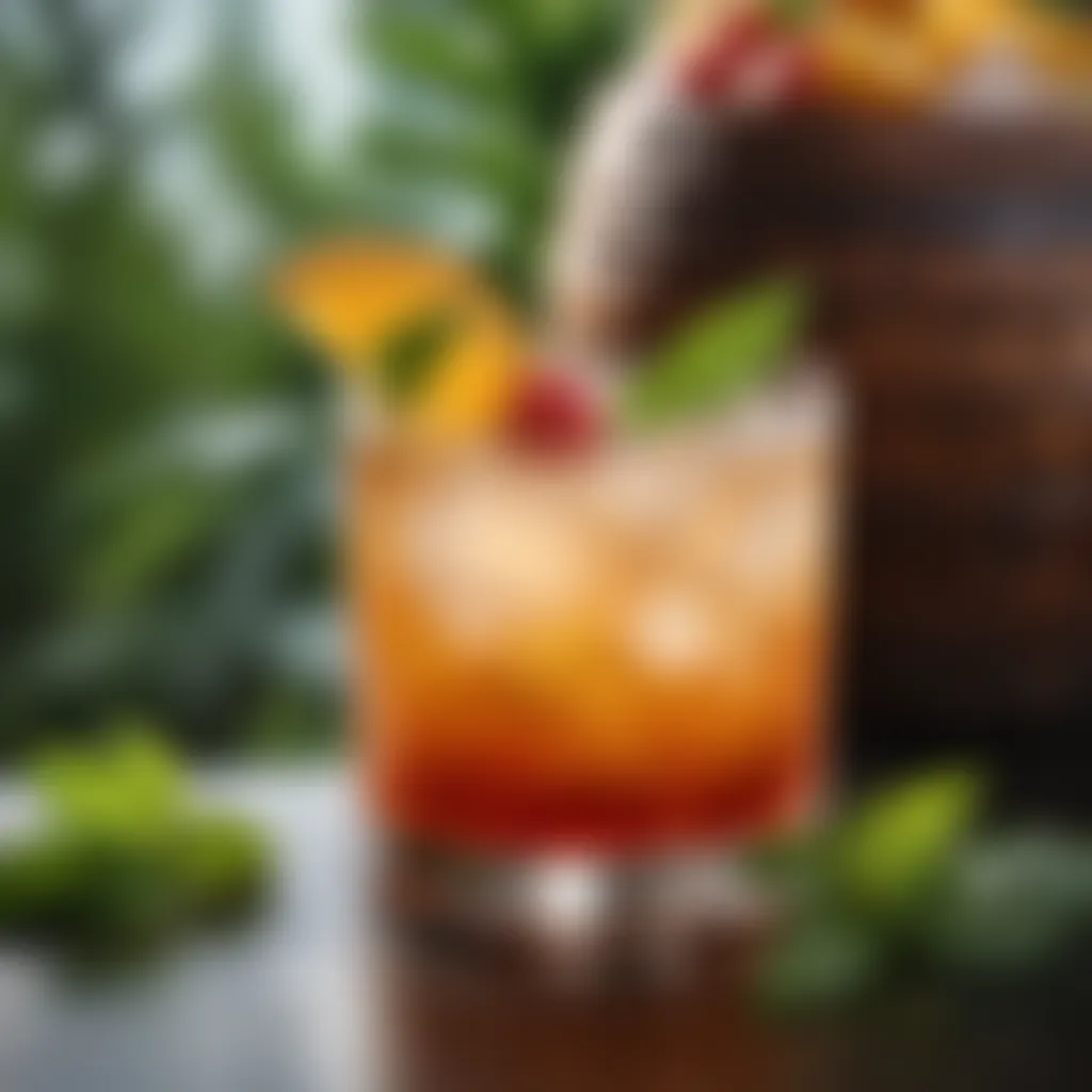 A vibrant tropical rum cocktail garnished with fresh fruit and mint leaves