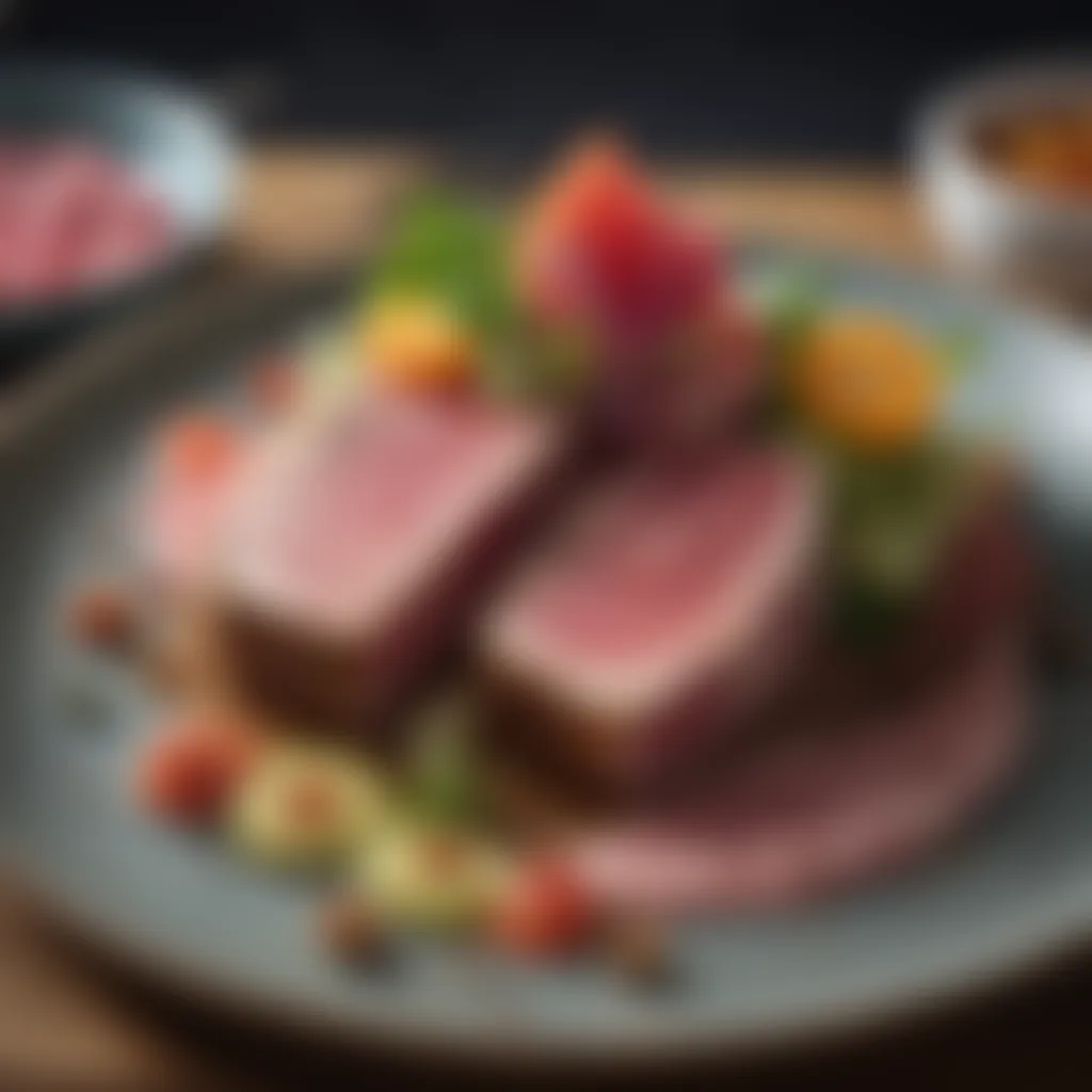 Sliced seared tuna steak with vibrant garnishes