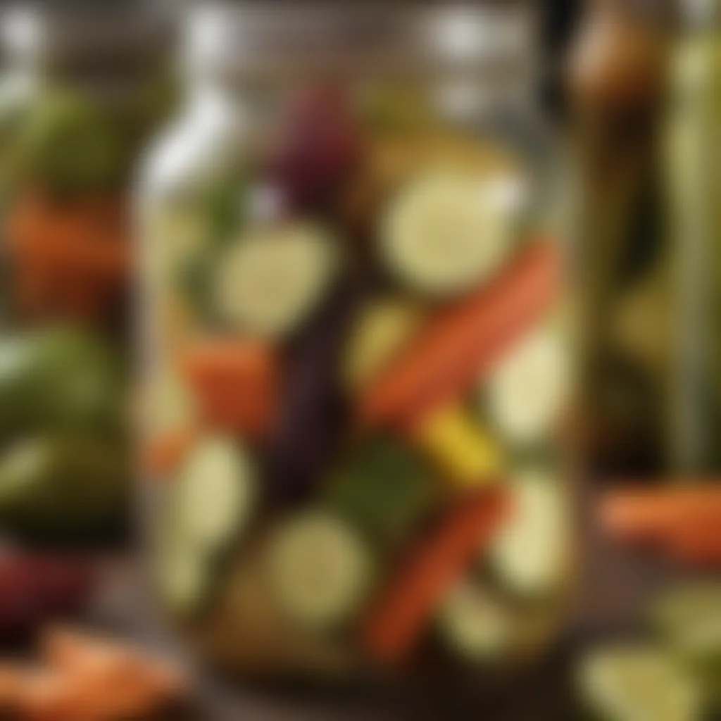 Close-up of a jar filled with exotic pickled ingredients, showcasing diverse flavors.