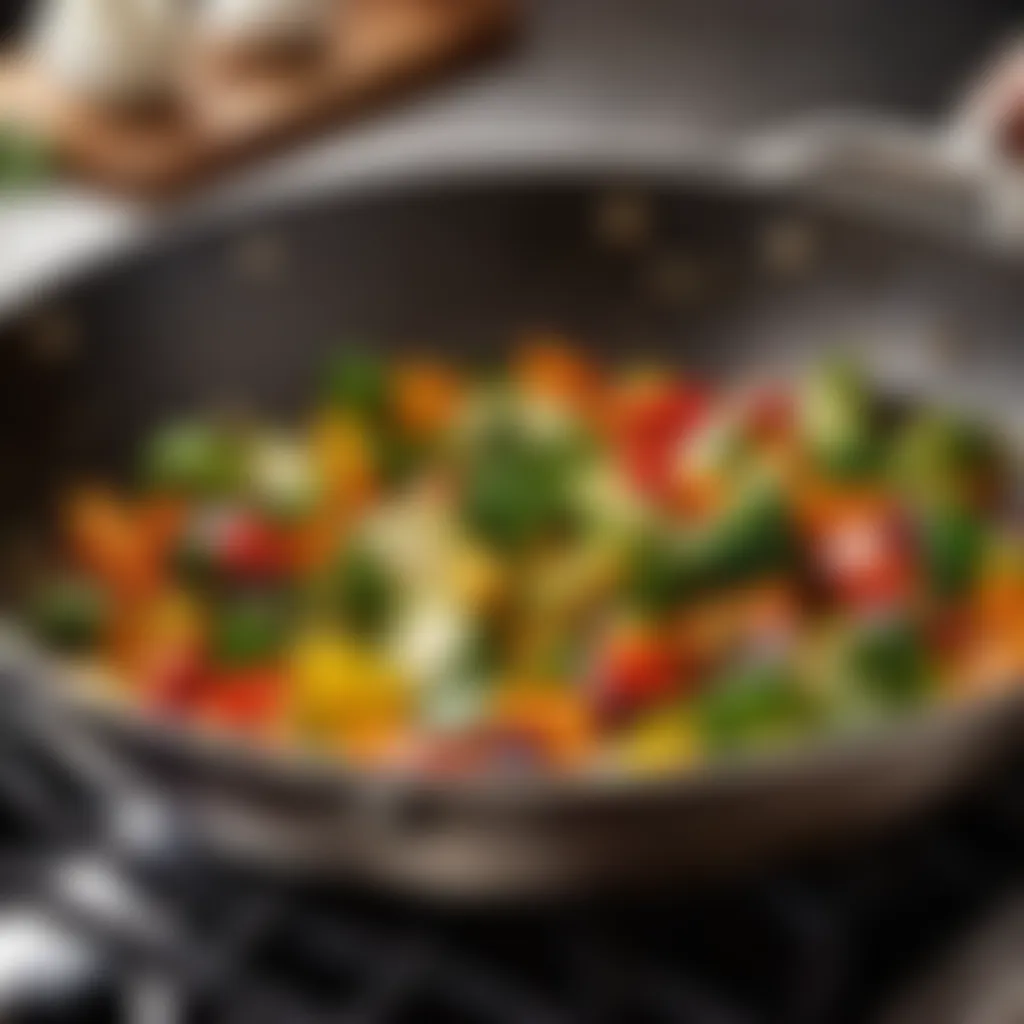 Artistic depiction of sautéed vegetables in a sizzling pan