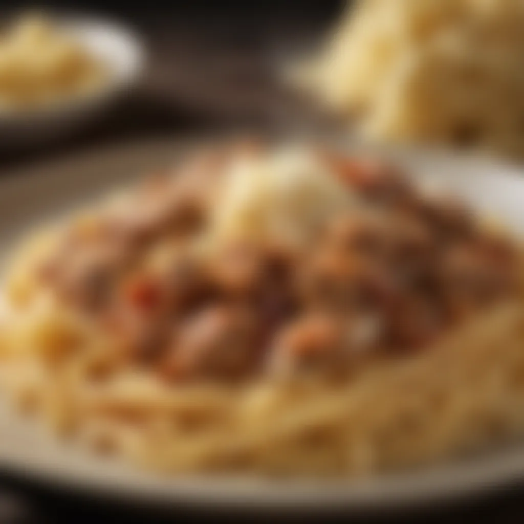 A delectable ground pork pasta dish topped with freshly grated cheese.