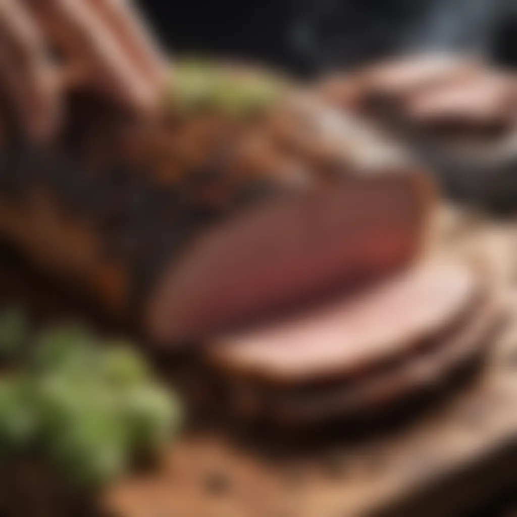 Juicy brisket being sliced after smoking in the Traeger wood smoker