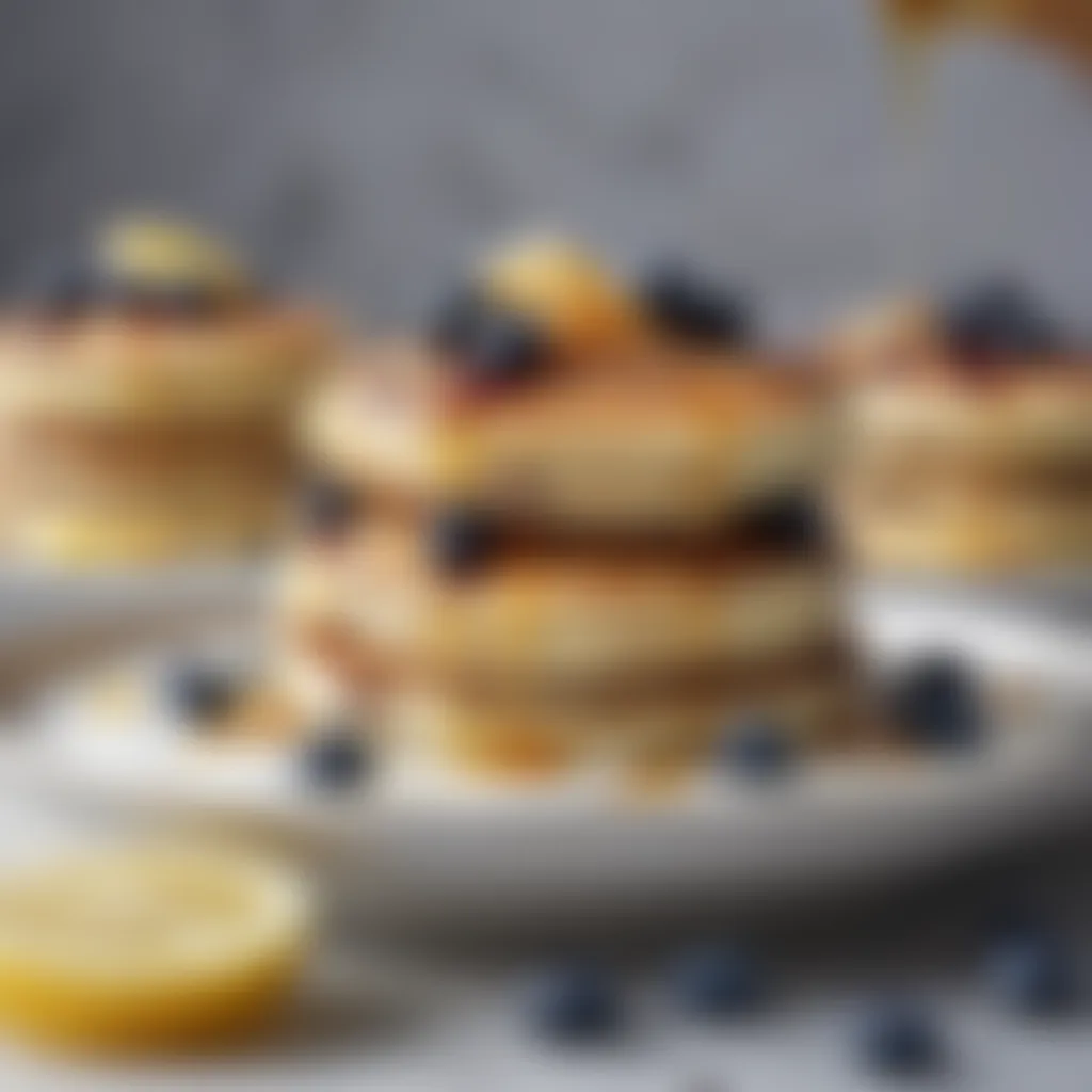 Fluffy lemon yogurt pancakes drizzled with honey and topped with blueberries