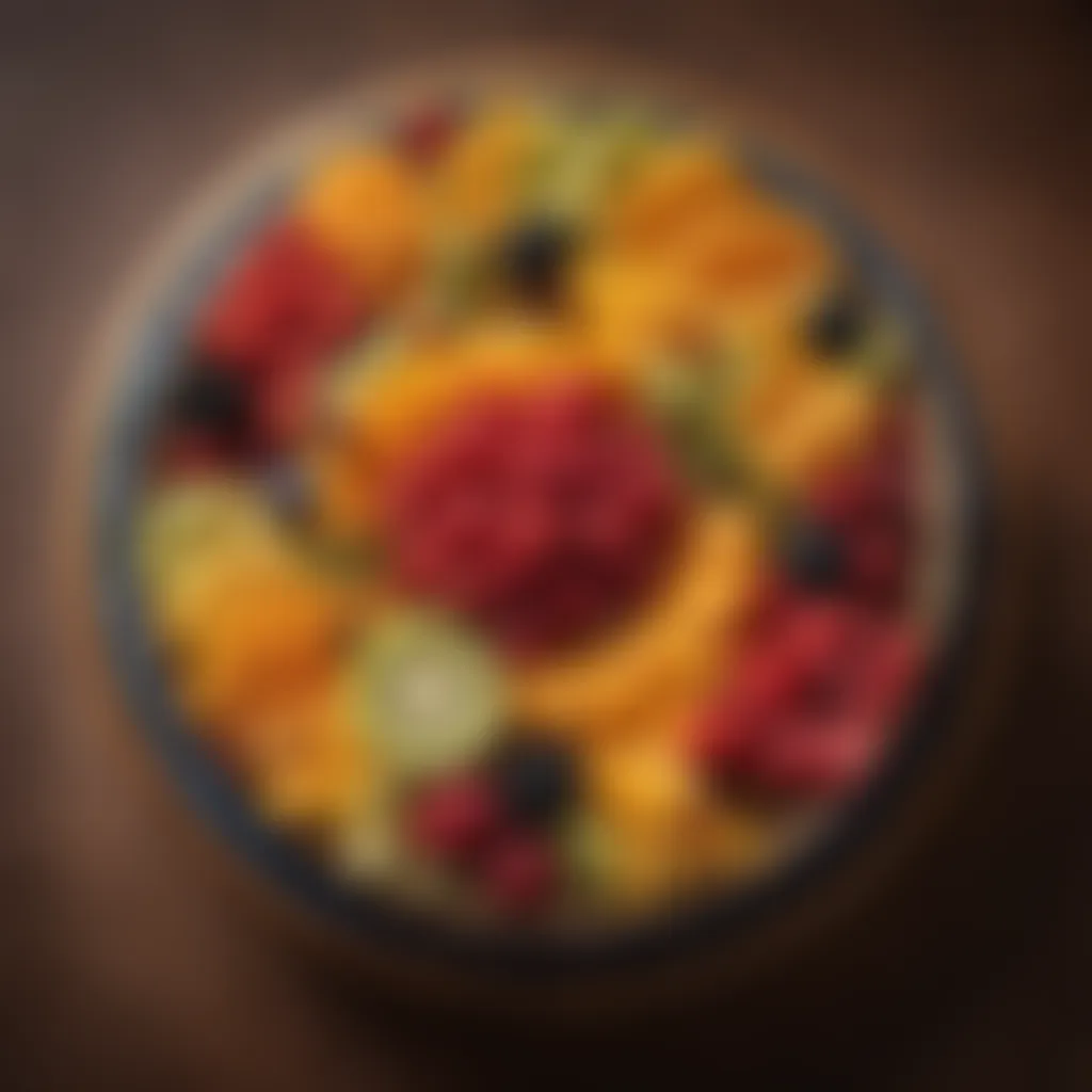 Artistically arranged array of exotic fruits in a decorative bowl