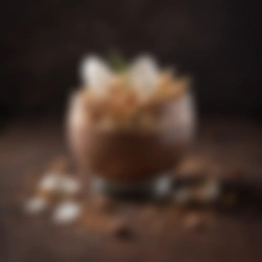 Decorative Coconut Flakes Adornment on Chocolate Mousse Exquisite Coconut Flakes Garnish on Chocolate Mousse