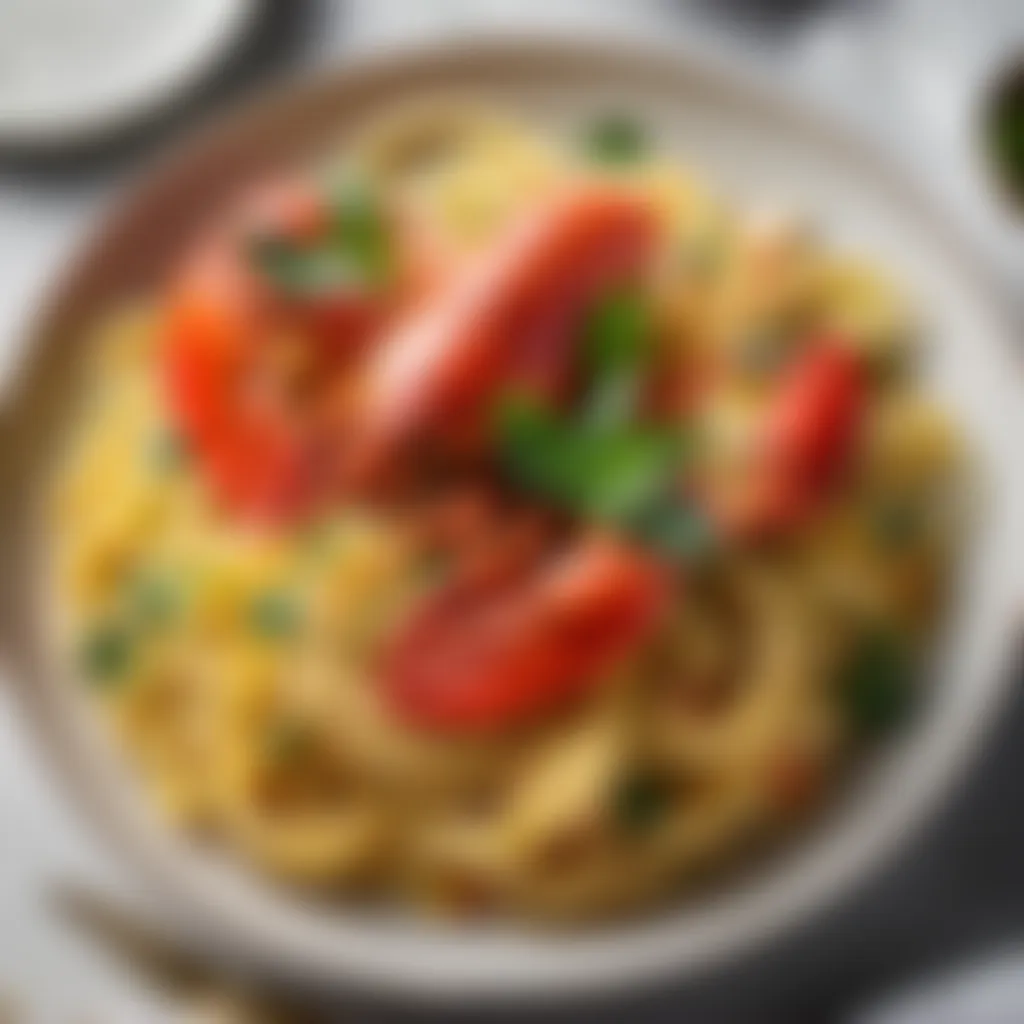 Elevated fusion dish featuring succulent lobster morsels intertwined with zesty lemon-infused pasta strands