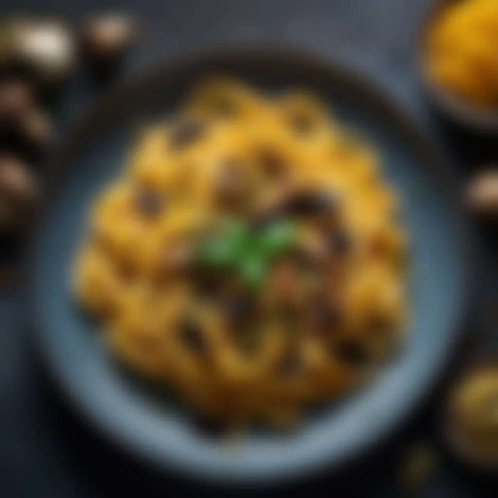 Innovative pasta creation showcasing vibrant saffron-infused strands intertwined with earthy wild mushroom medley