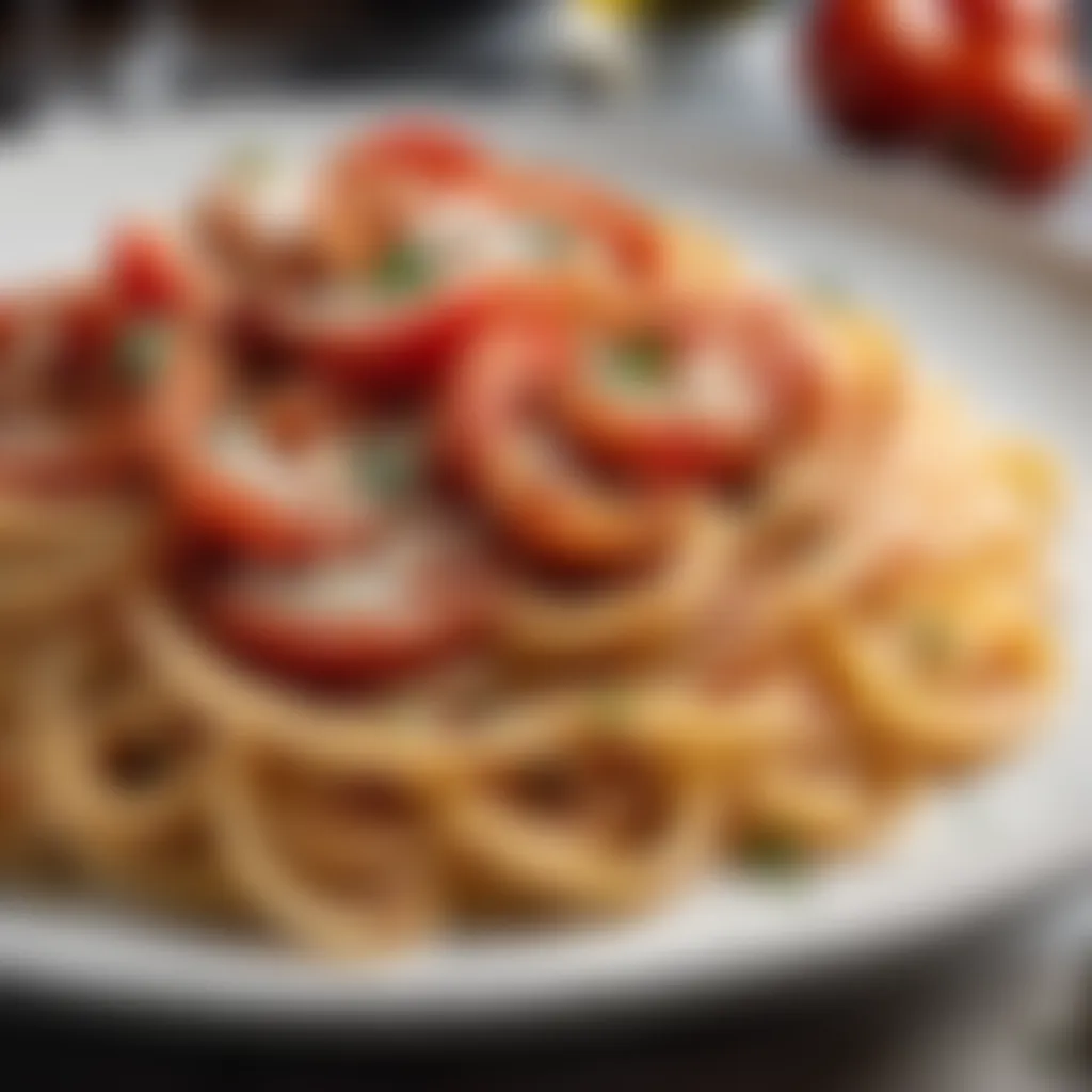 Artistic swirls of vibrant tomato sauce and creamy ricotta cheese on a bed of al dente pasta