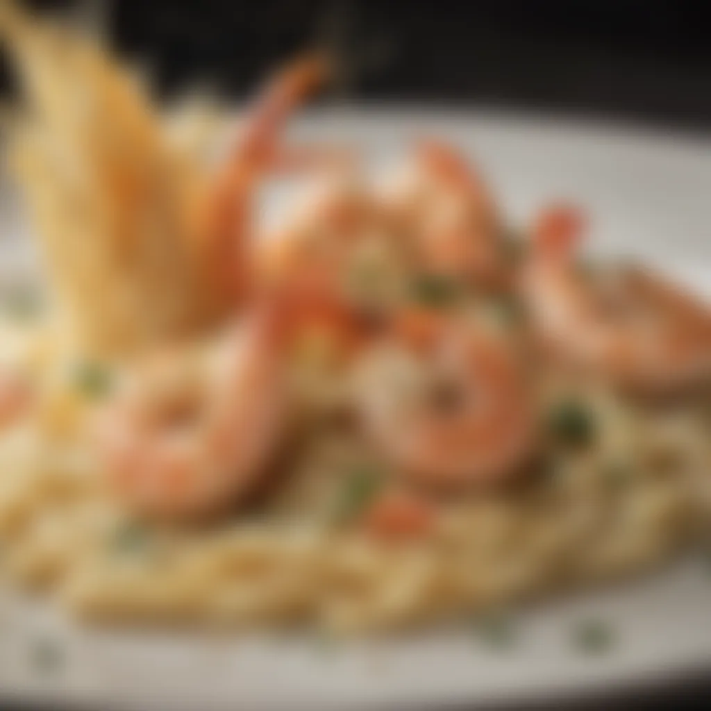 Exquisite plating of shrimp alfredo with a sprinkle of parmesan shards