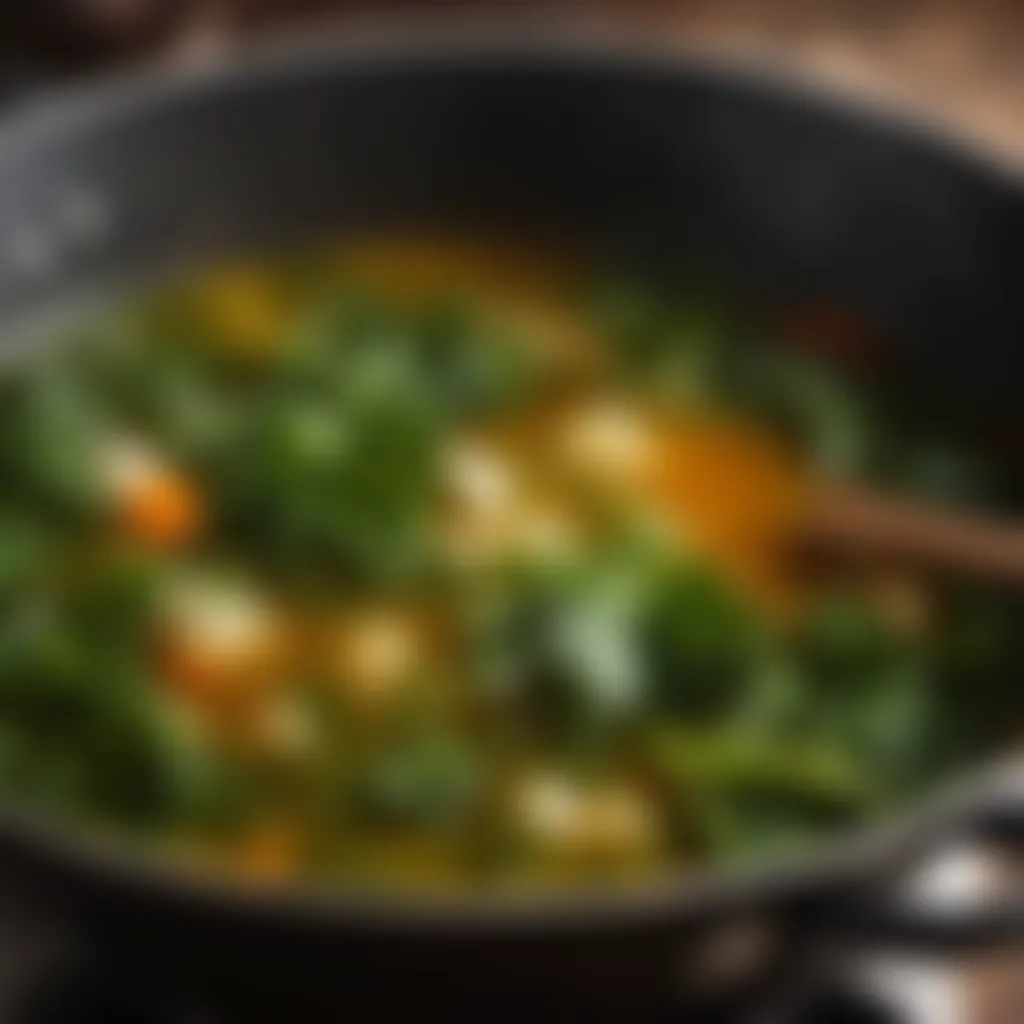 Simmering Pot of Rich Broth and Greens