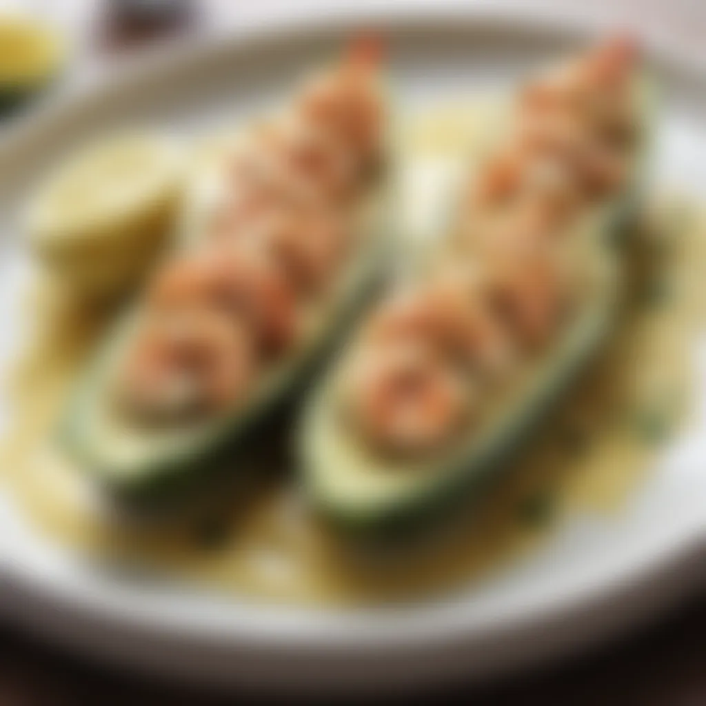 Exquisite Shrimp Scampi Stuffed Zucchini Boats Garnished with Parmesan