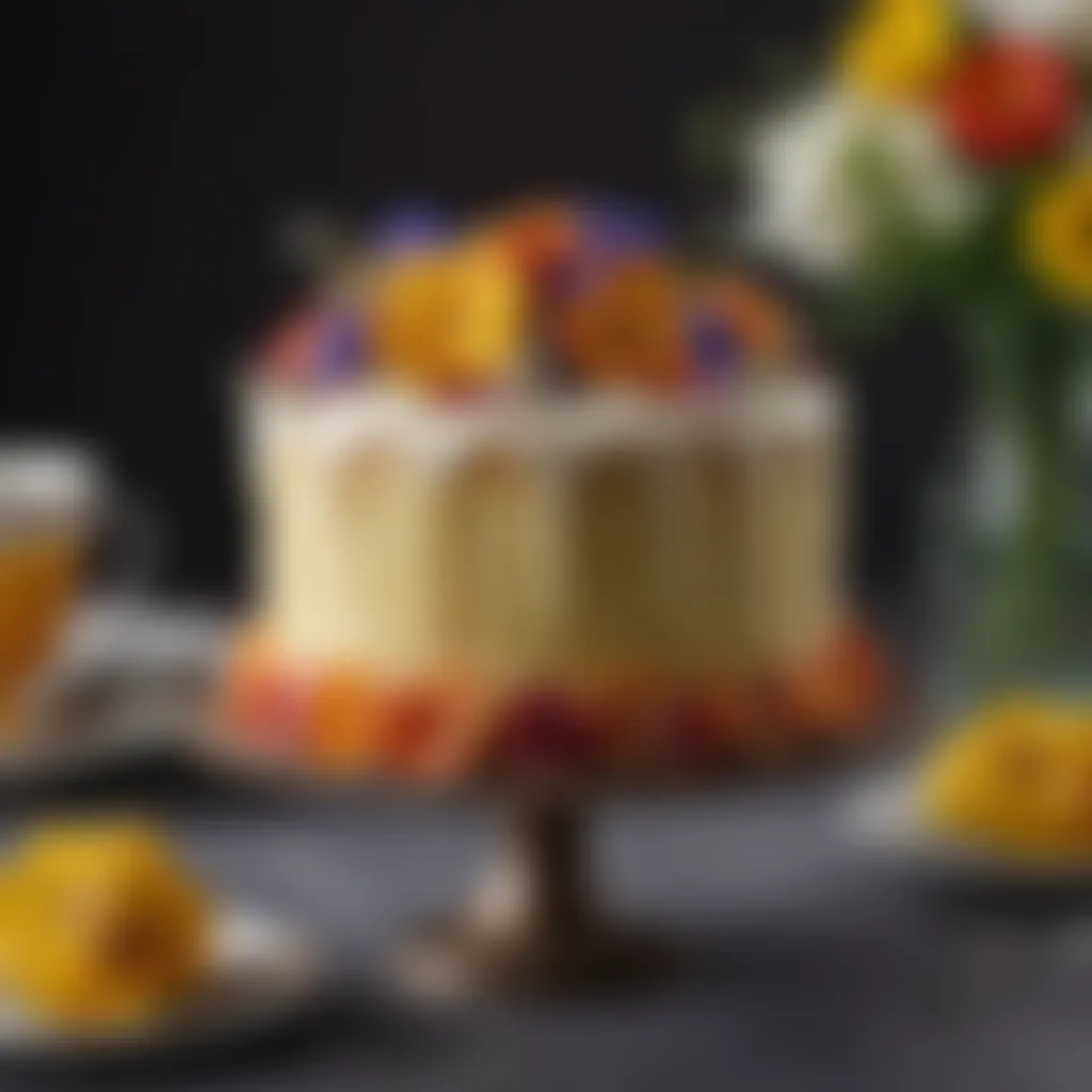 Exquisite sponge cake with vanilla frosting adorned with edible flowers