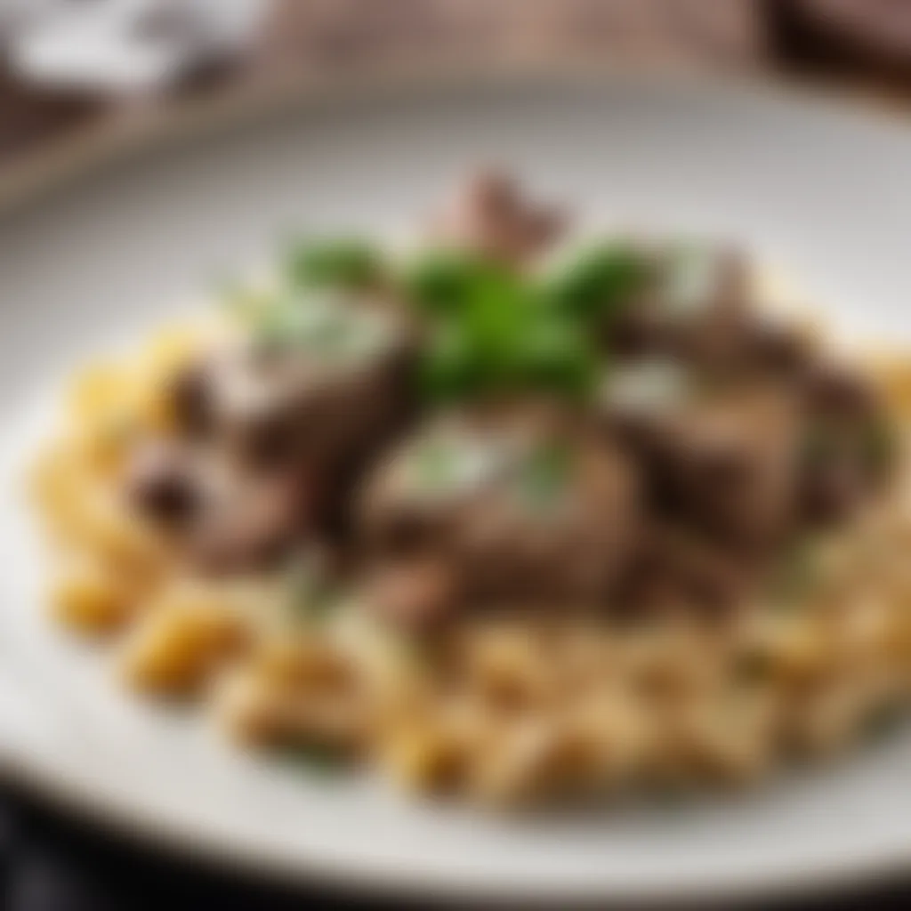 Elegant plating of traditional beef stroganoff