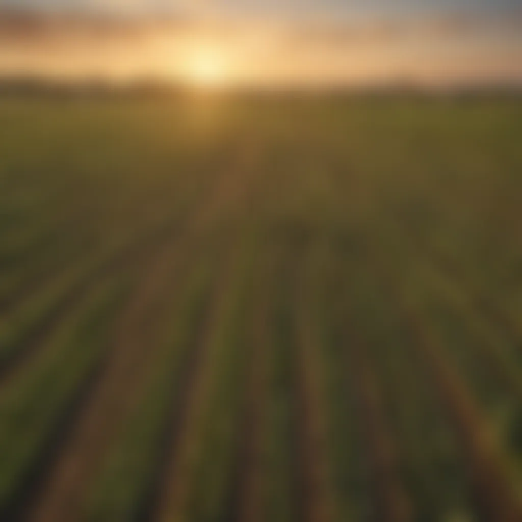 A panoramic view of a vast American farmland at sunrise, showcasing crops in neat rows.