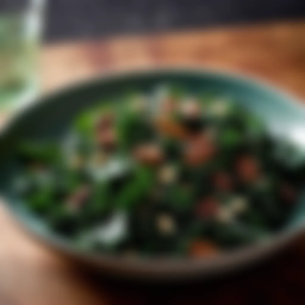 The final Tuscan kale salad elegantly plated with a sprinkle of pecans