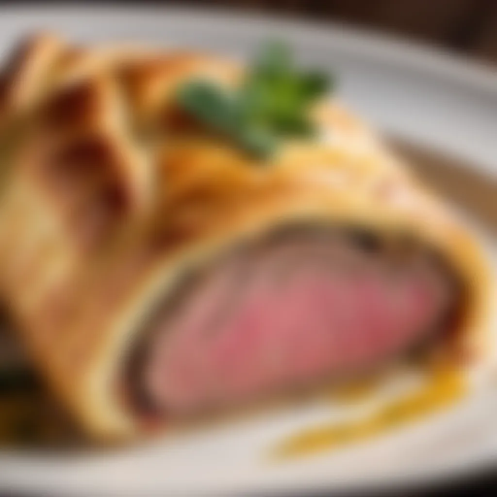 Flaky puff pastry enrobing Beef Wellington