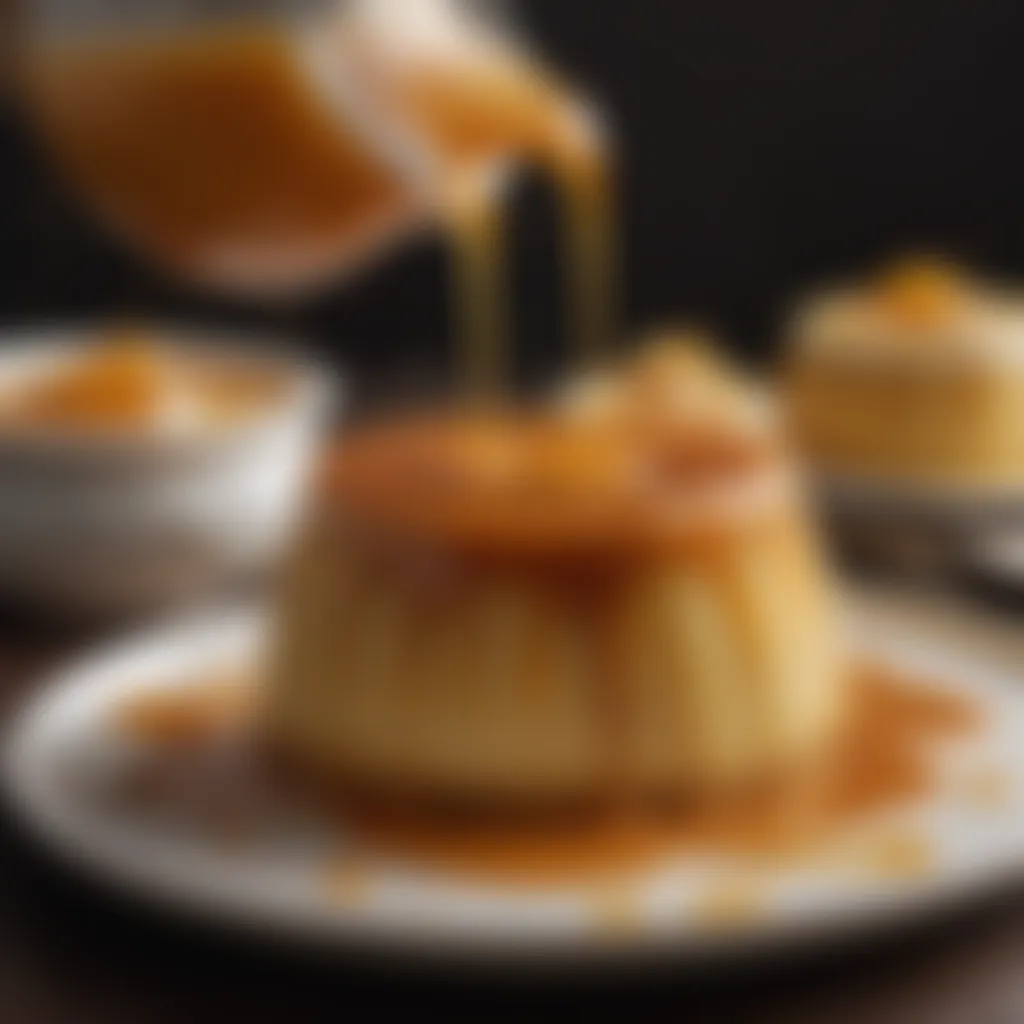 Flan de Coco being drizzled with caramel sauce