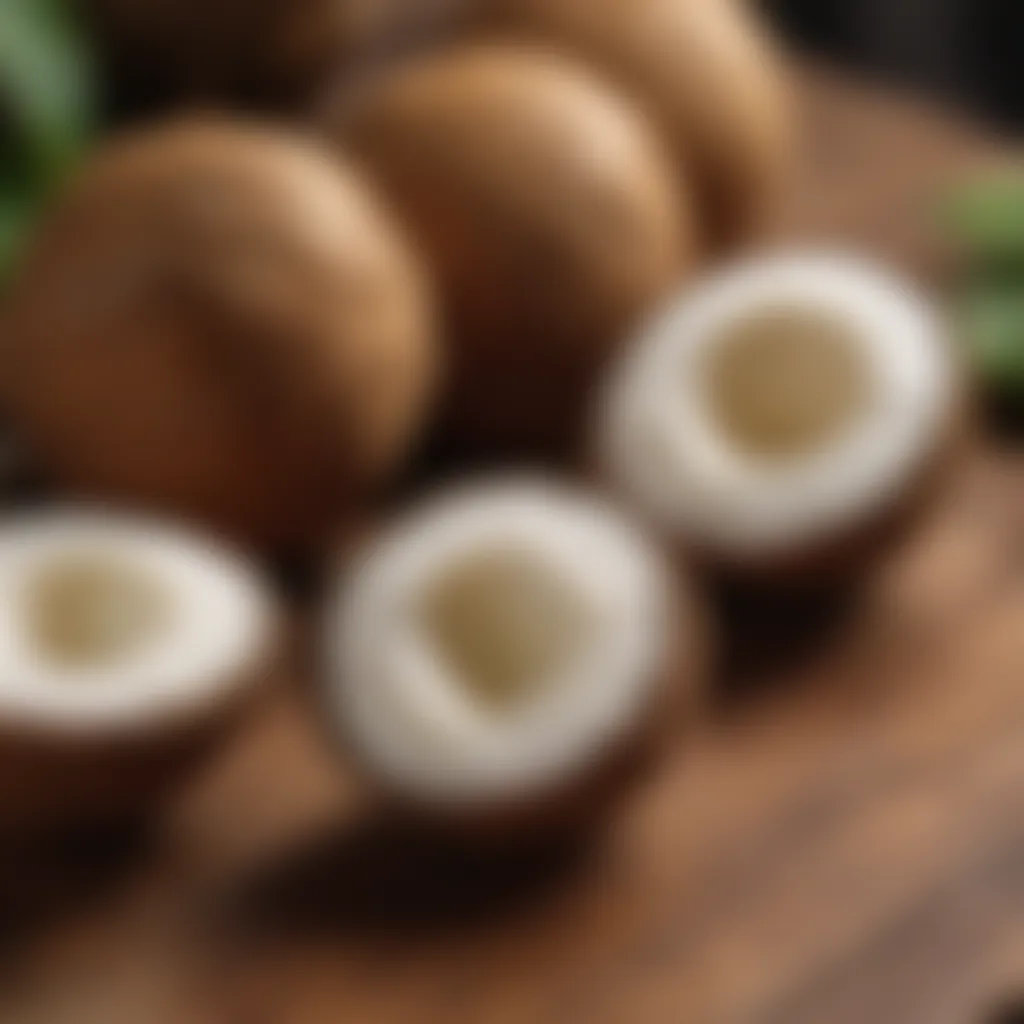 Close-up of fresh coconuts on a wooden table