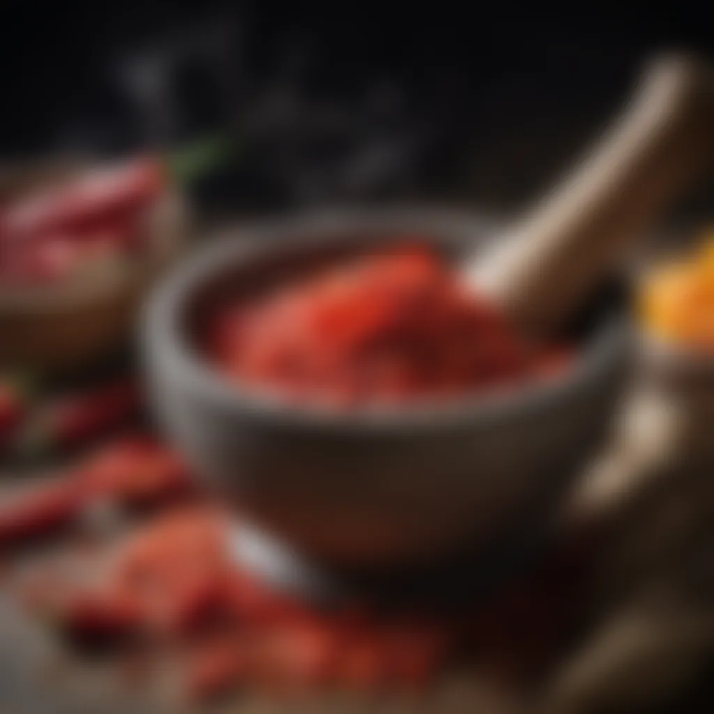 Fiery red chili peppers being crushed in a mortar and pestle