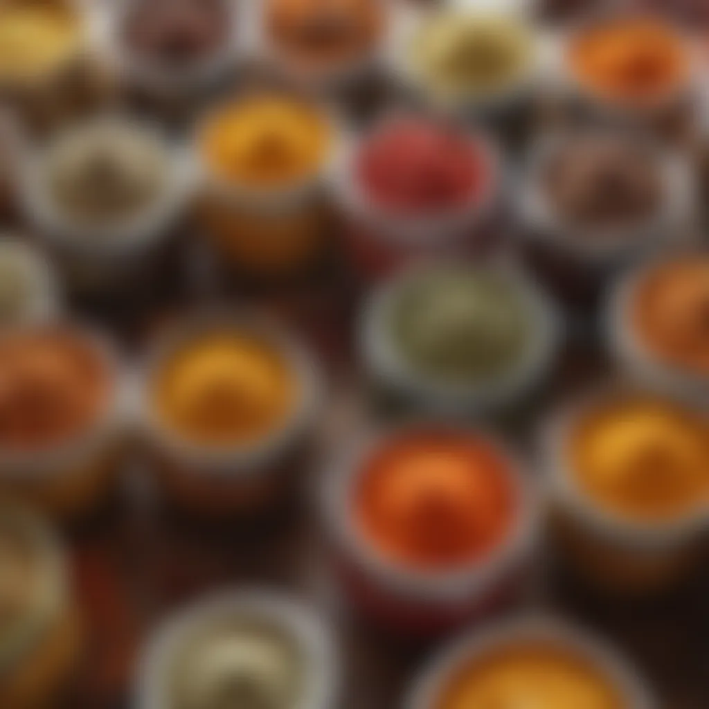 Assorted colorful spices in decorative jars