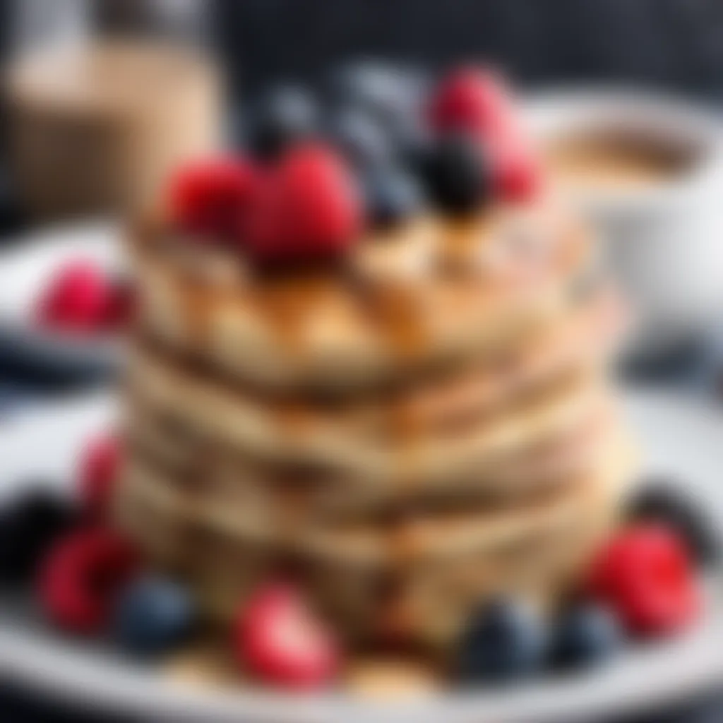 Fluffy protein pancake stack topped with fresh berries and almond butter