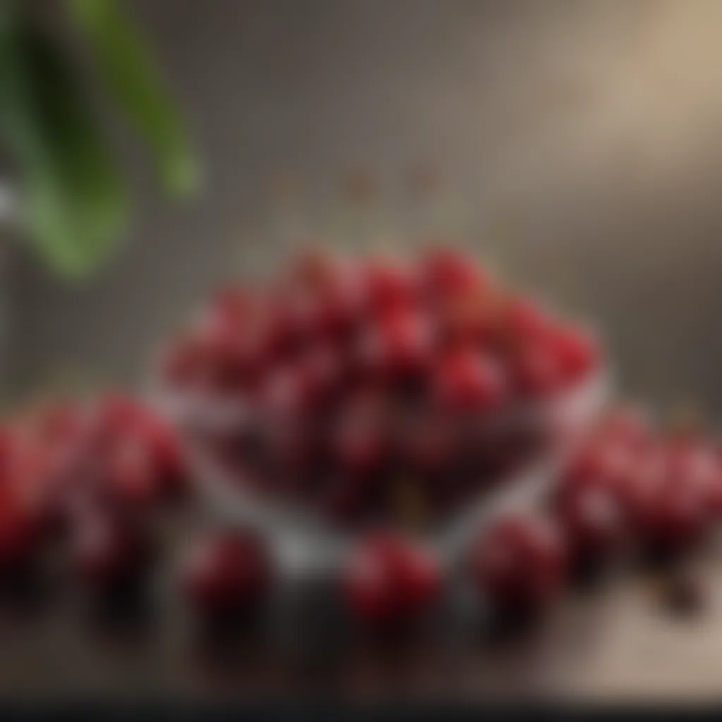 A tranquil night scene with a bowl of cherries highlighting their sleep-enhancing properties.