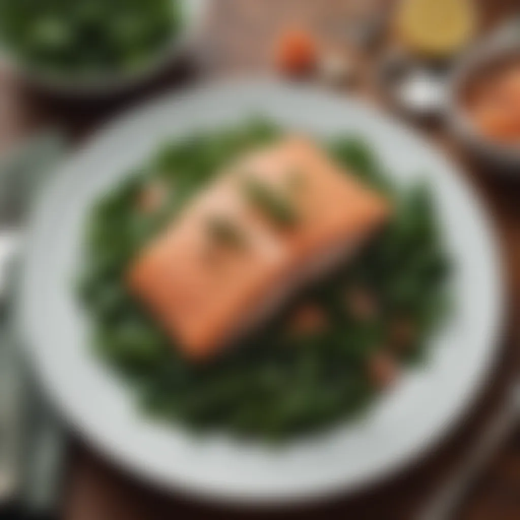 A serene layout of a cozy dinner table featuring salmon and leafy greens.