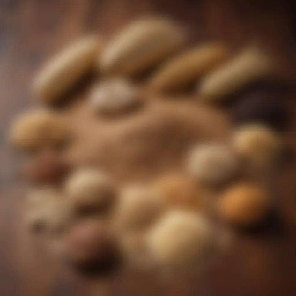 A selection of whole grains presented on a wooden surface