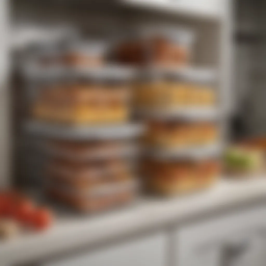 A well-organized kitchen featuring stacked casserole containers.