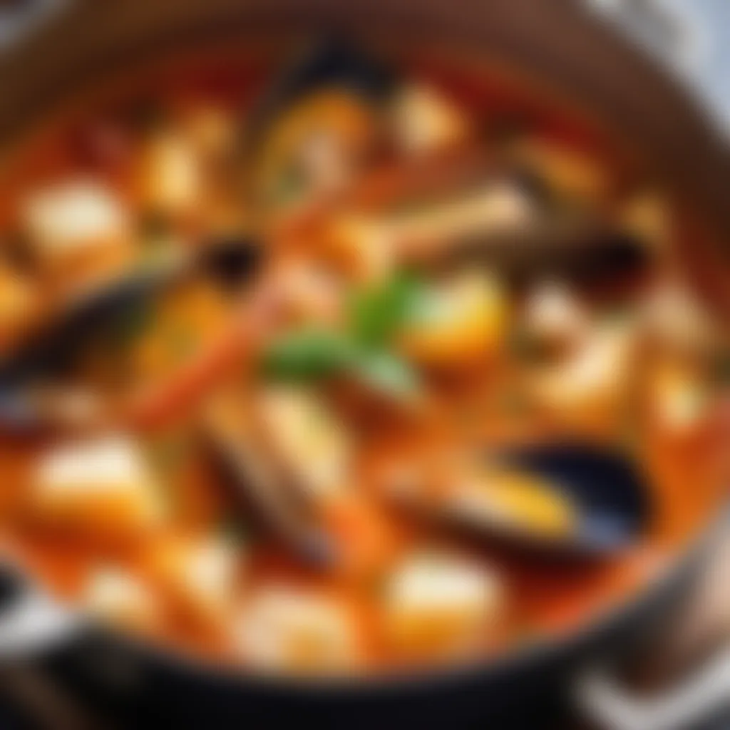 French cooking pot full of simmering bouillabaisse