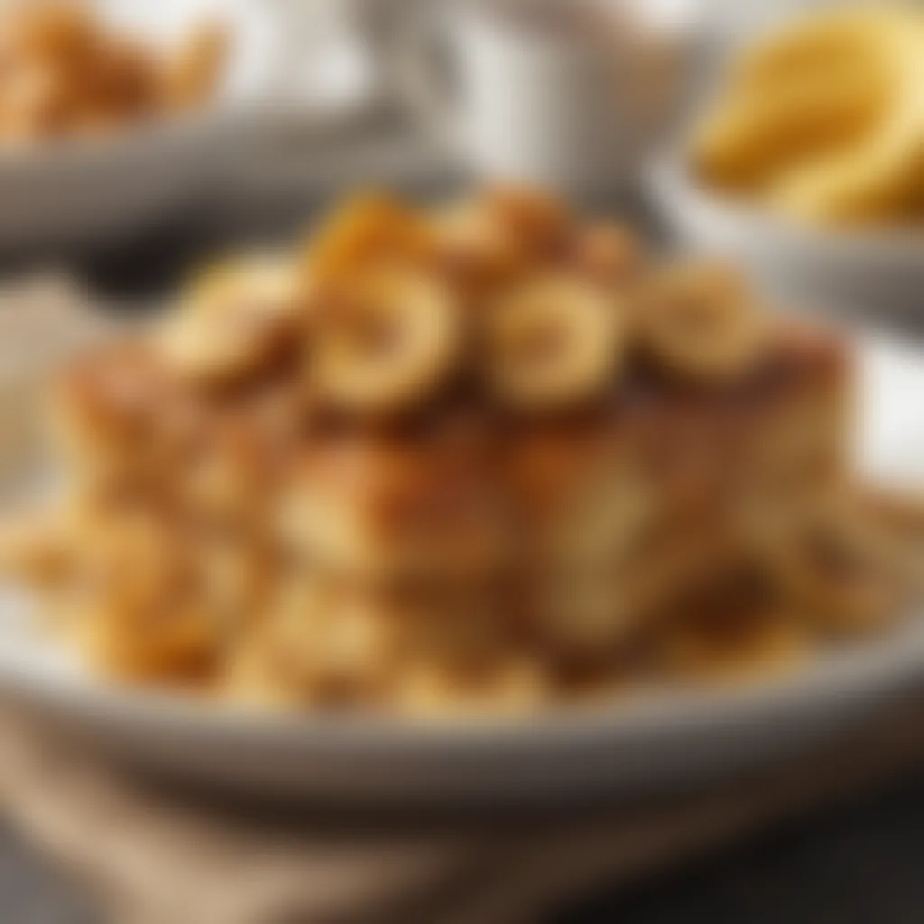 Indulgent Caramelized Banana Topping French toast bake topped with caramelized bananas
