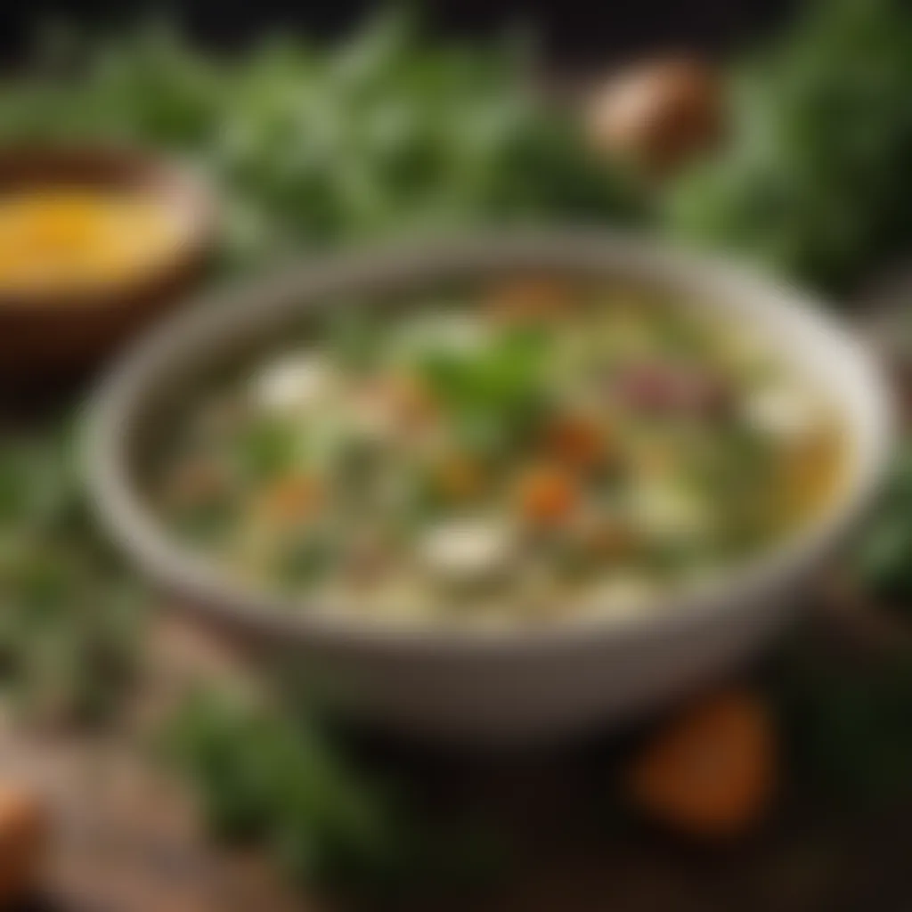 Artistic depiction of assorted fresh herbs used in soup preparation