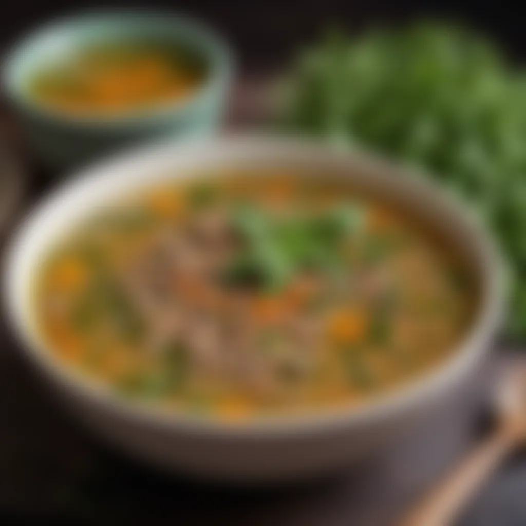 Garnish of fresh herbs atop a steaming bowl of lentil soup