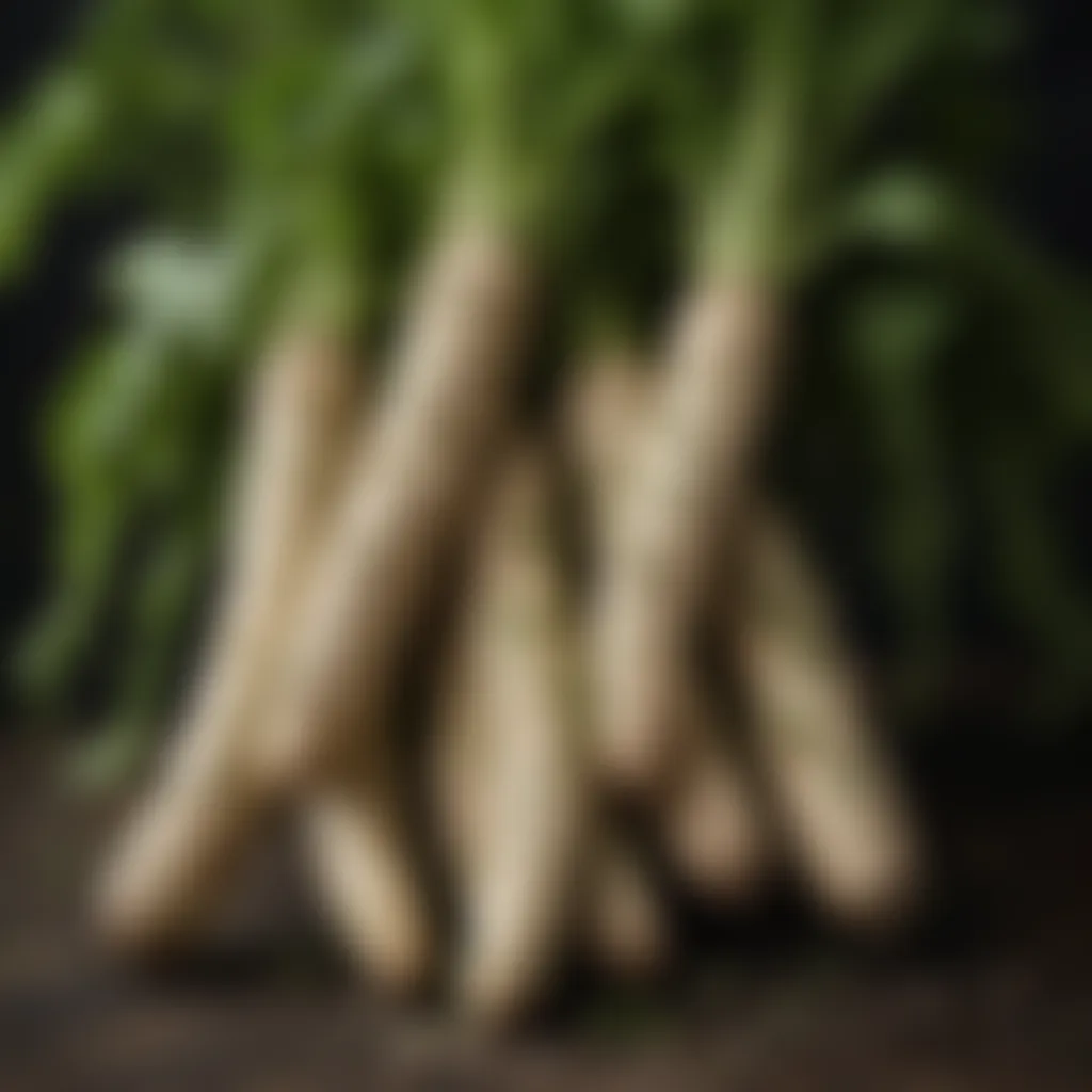 Vibrant green horseradish roots freshly harvested