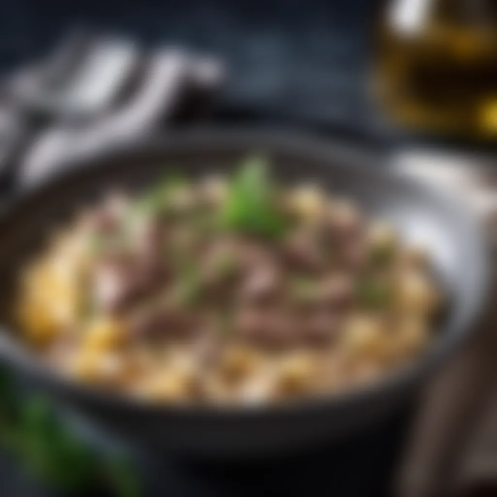Thyme Infusion Fresh thyme garnish on a bowl of beef stroganoff