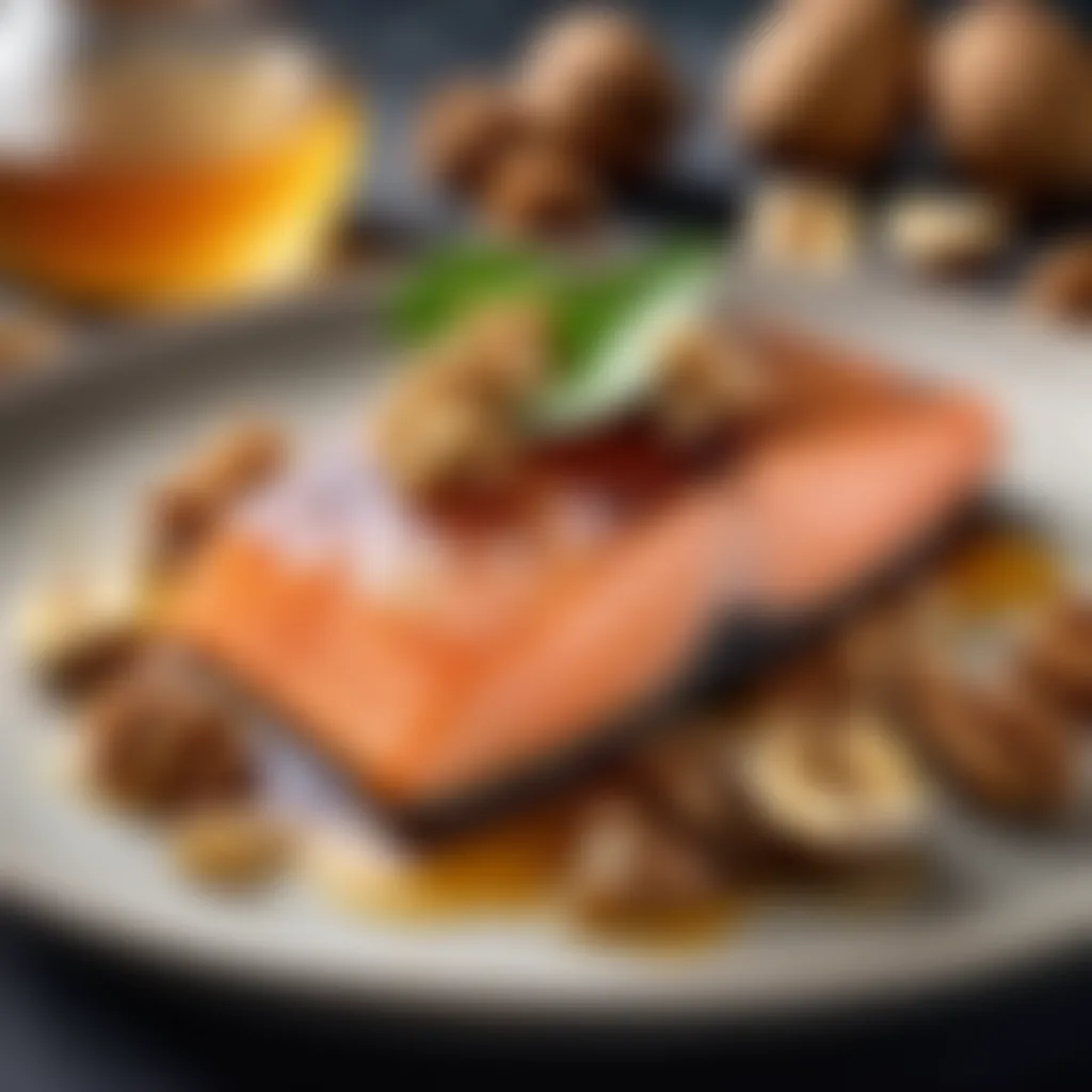 Fresh, vibrant ingredients - honey, walnuts, and salmon