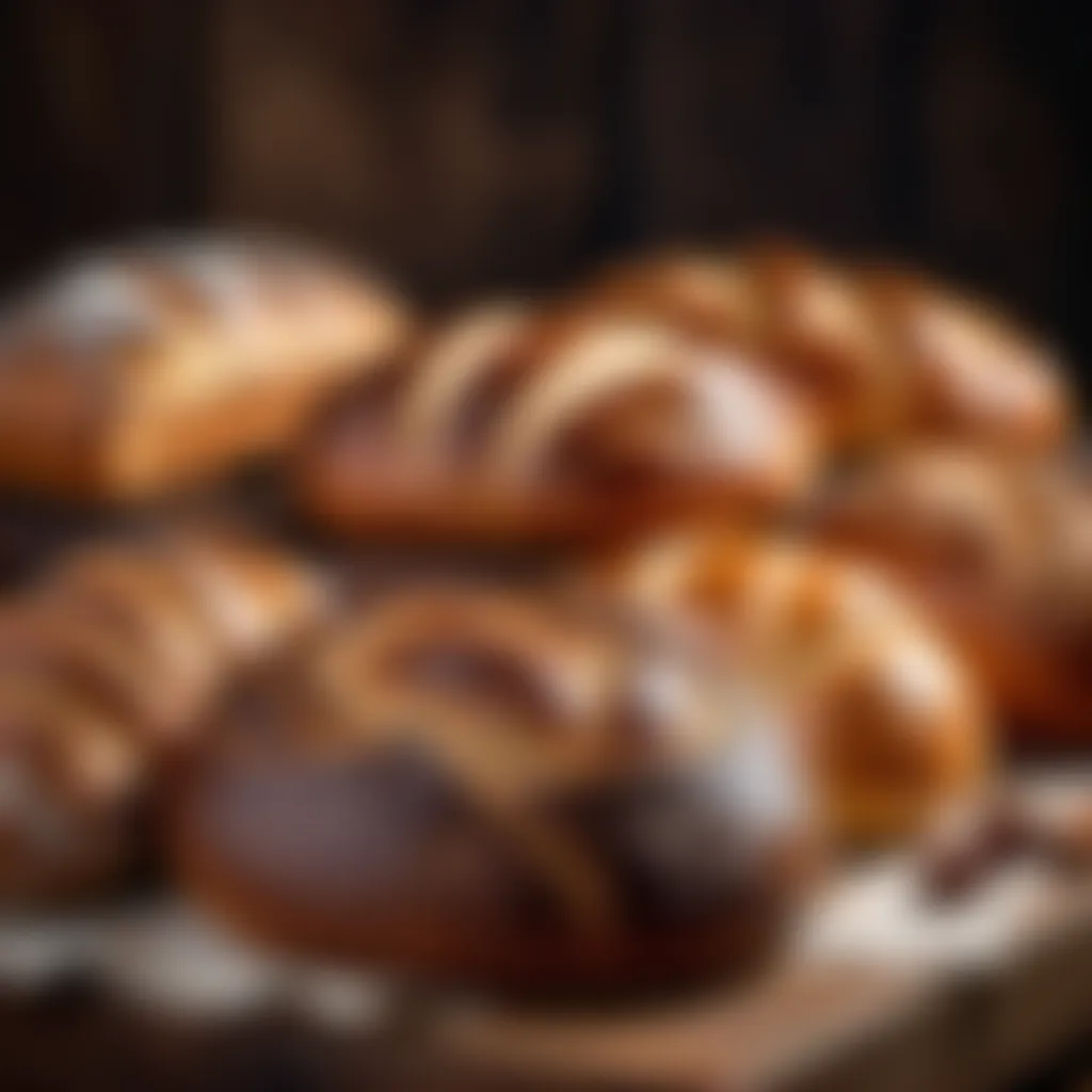 Variety of freshly baked homemade bread loaves cooling on a wooden table