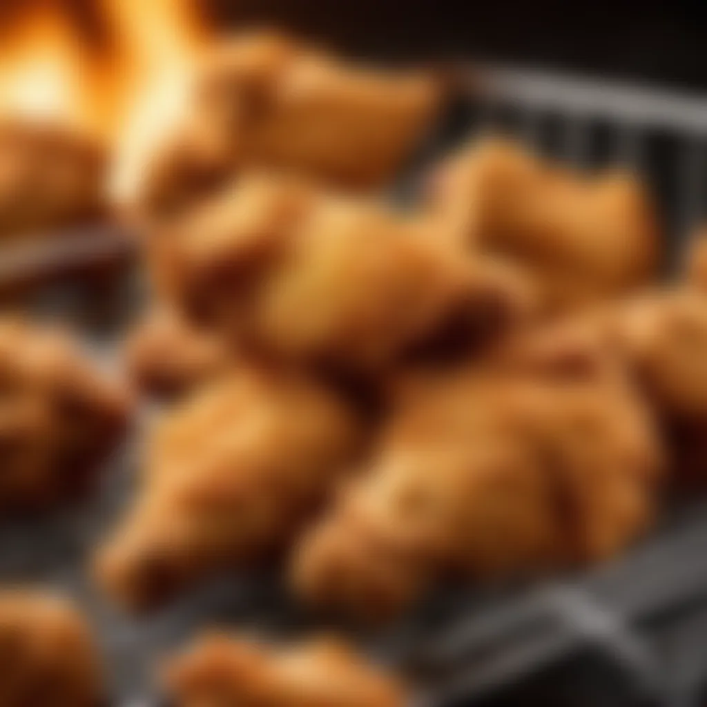 Fried chicken pieces on a wire rack