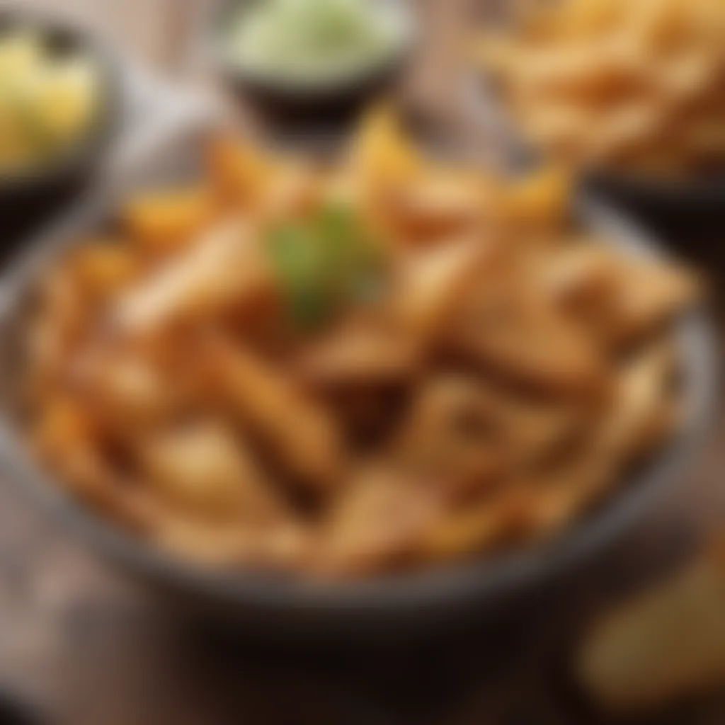 A close-up of crispy fried fish skin chips in a rustic bowl