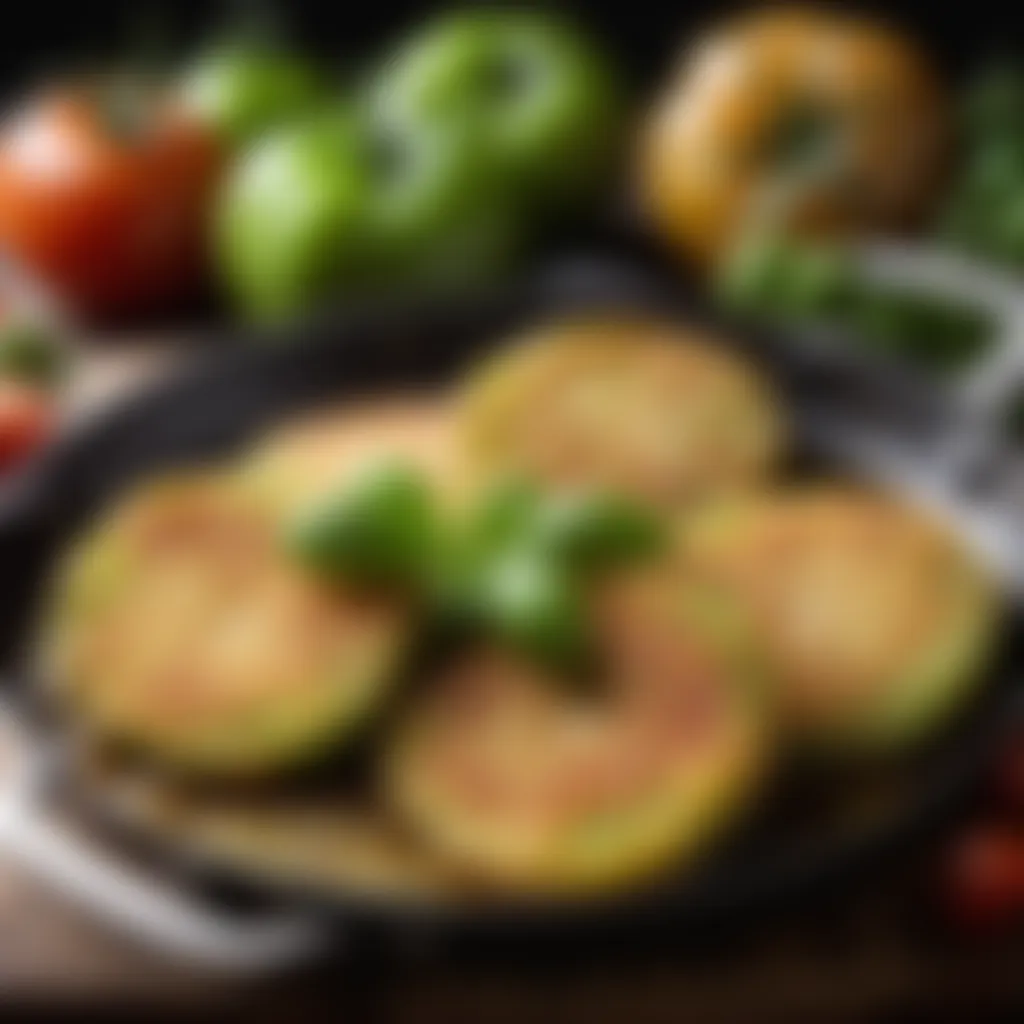 Frying pan with sizzling fried green tomatoes