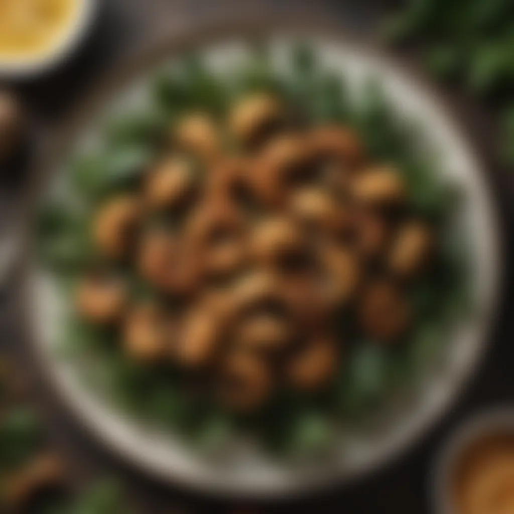 Exotic spiced fried mushrooms on a bed of crispy greens