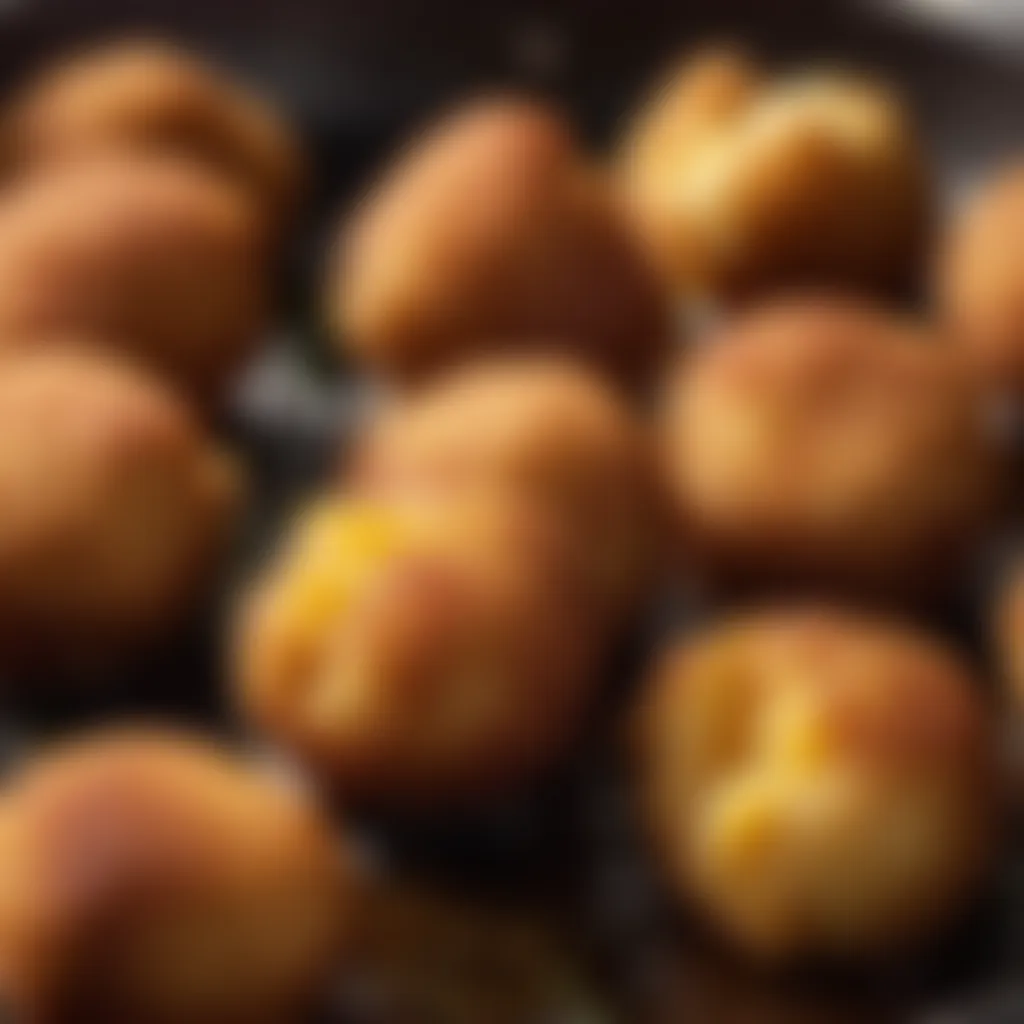 Close-up of hush puppies being fried in oil