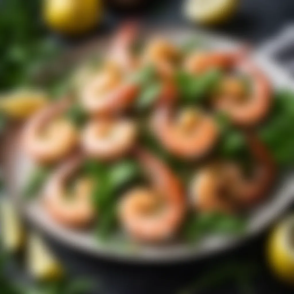 Exquisite garlic prawns on a bed of fresh herbs