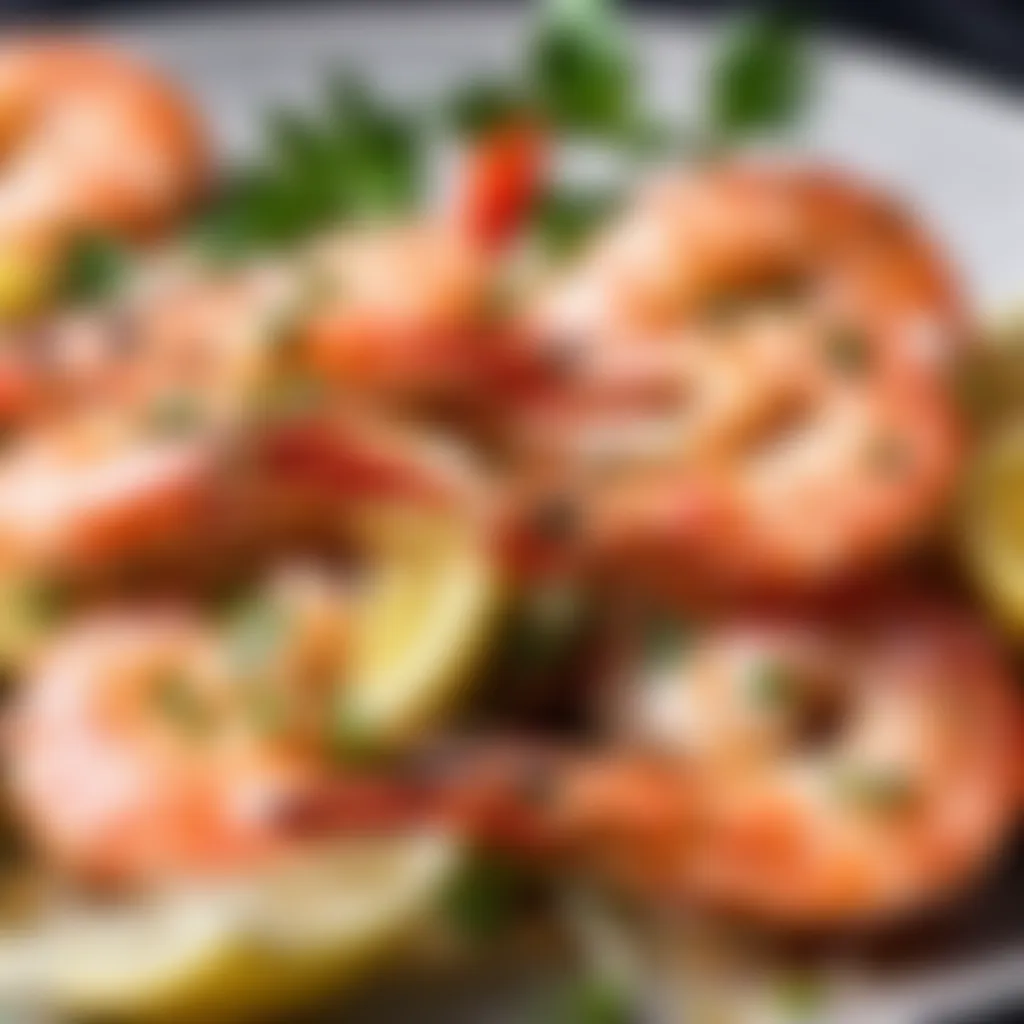 Close-up of succulent garlic prawns garnished with lemon zest