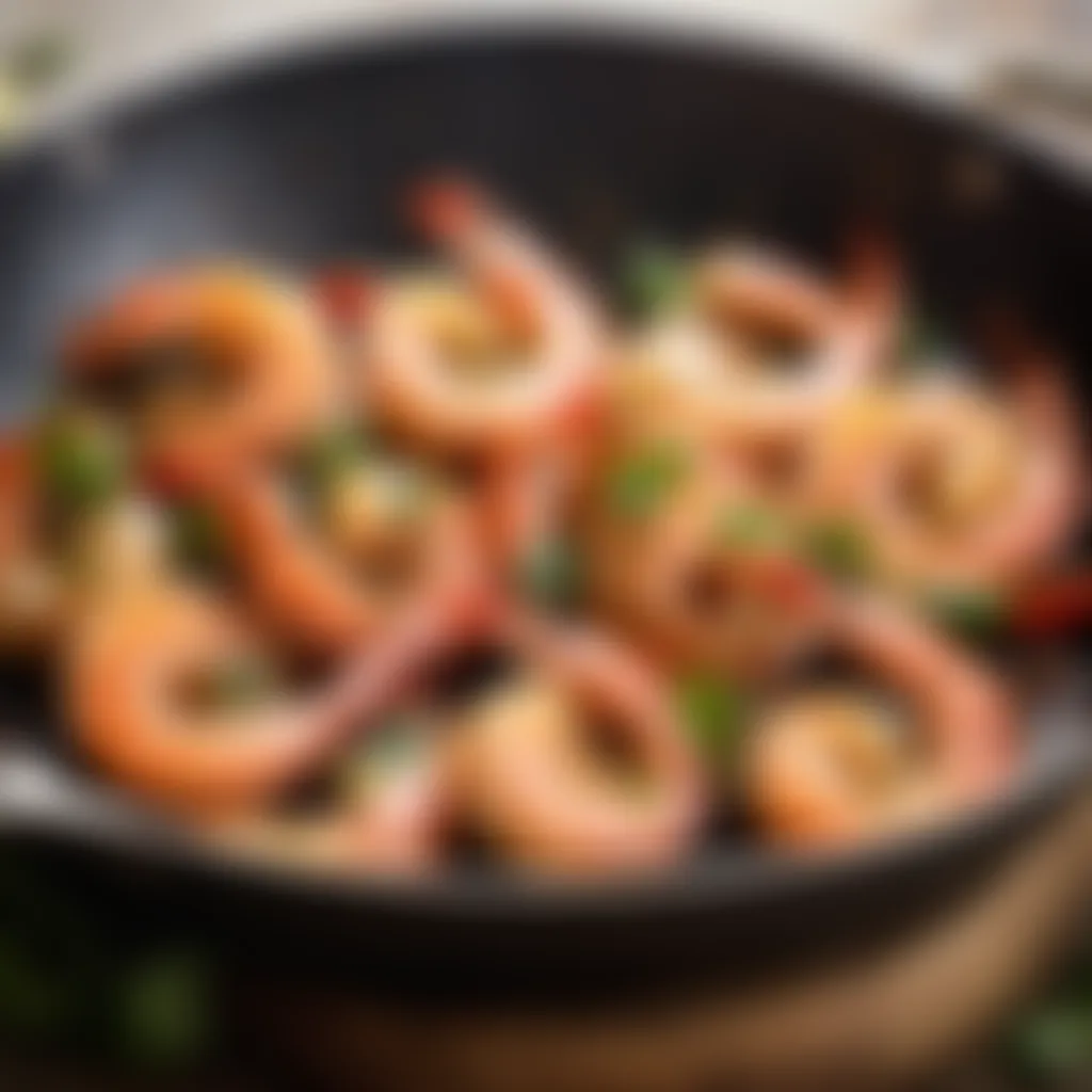 Gourmet garlic prawns sizzling in a skillet