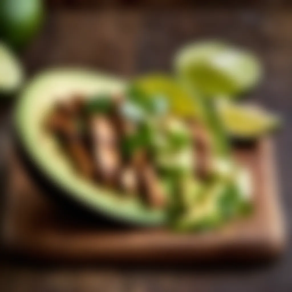 Freshly sliced avocado and lime wedges as garnish for chicken fajitas