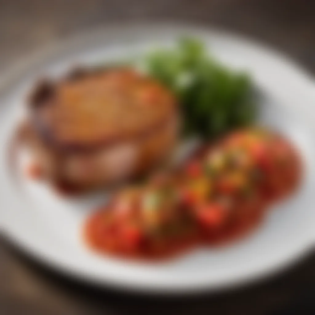 Plated baked pork chop with salsa garnish